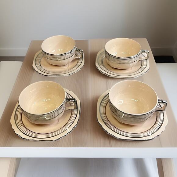 Limoges Peach Blo Ritz Platinum Mugs & Saucers Sebring Ohio Set of 4 Vintage - Picture 1 of 10